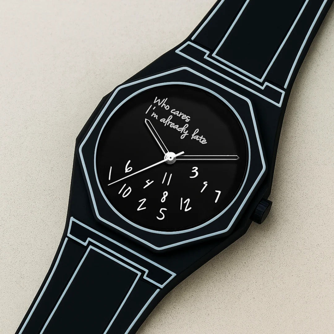 'Who cares I'm already late' Horloge